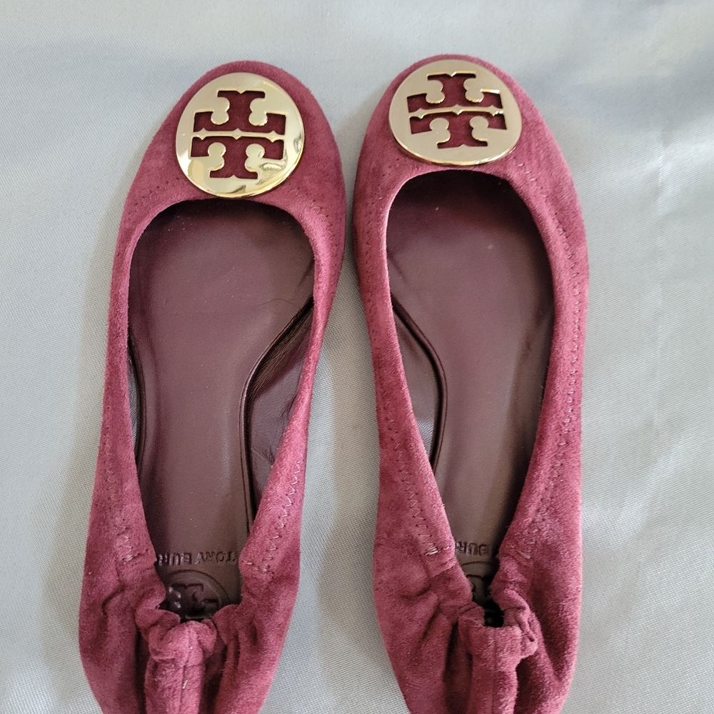 Tory Burch Burgundy and Gold Reva Flats